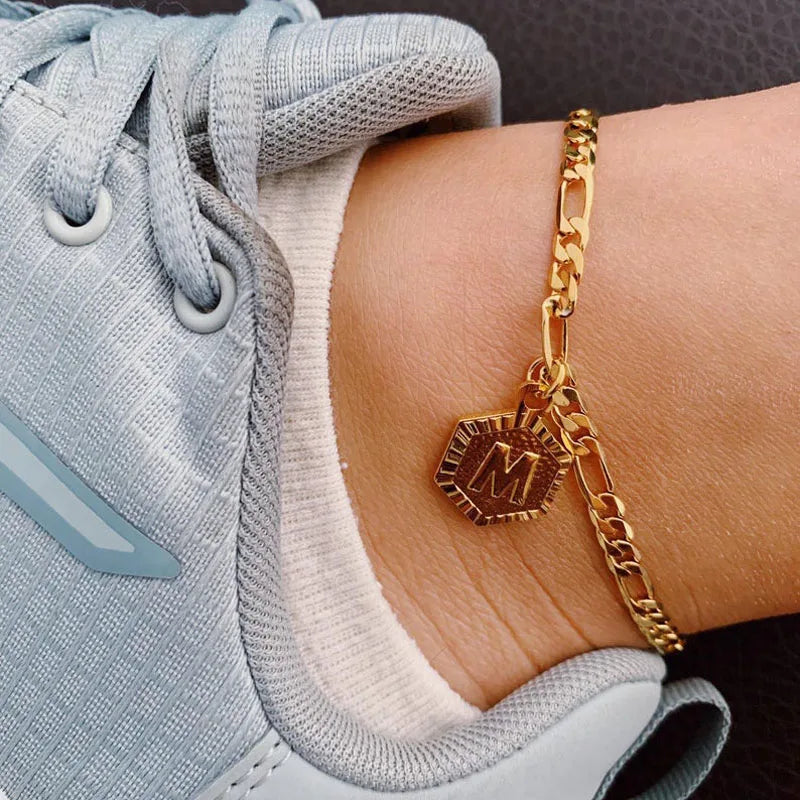 Hexagon Initial Anklet for Women