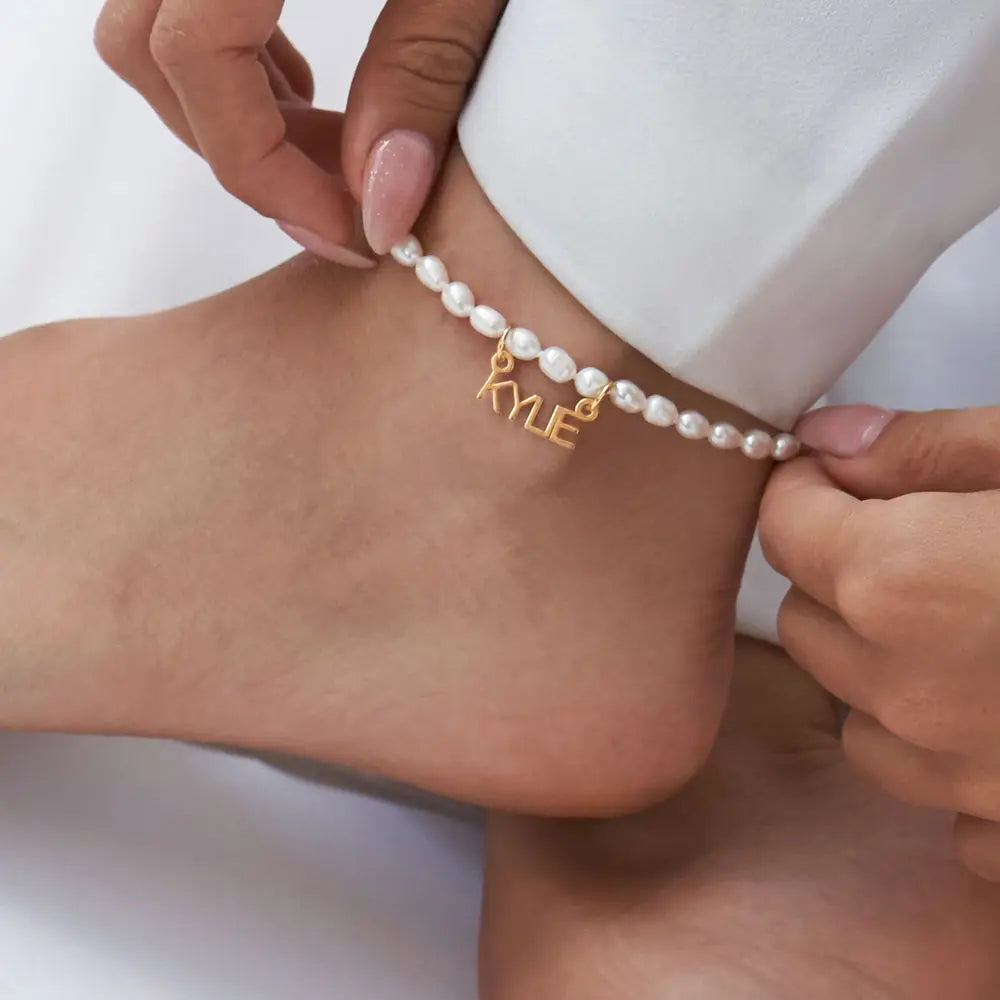 Custom Pearl Name Anklet in 18K Gold-Plated Stainless Steel