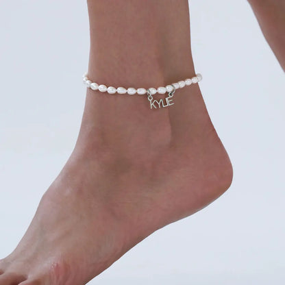 Custom Pearl Name Anklet in 18K Gold-Plated Stainless Steel