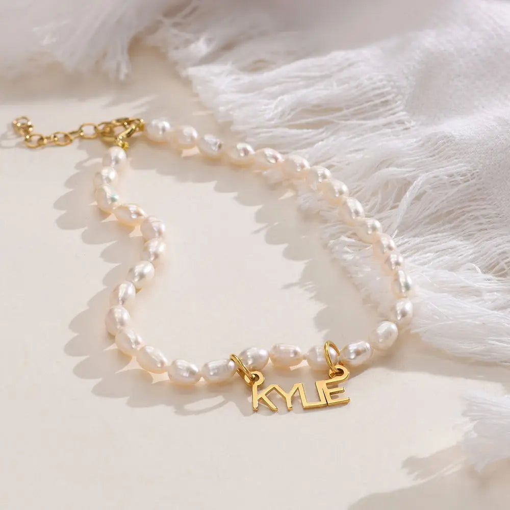 Custom Pearl Name Anklet in 18K Gold-Plated Stainless Steel