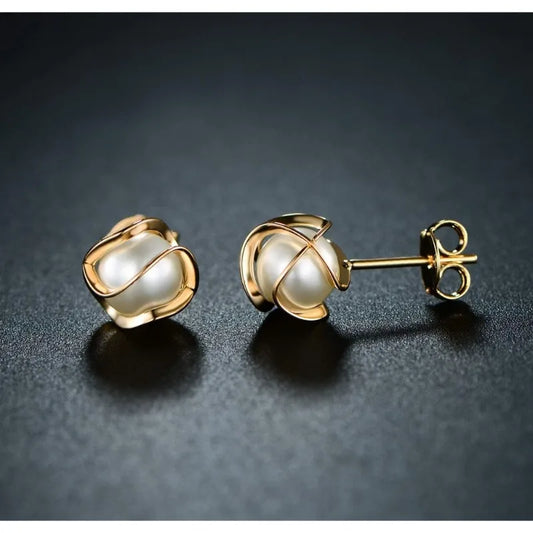 Timeless 18K Gold Plated Cage Earrings – Elegant Simulated Pearl Studs for Women