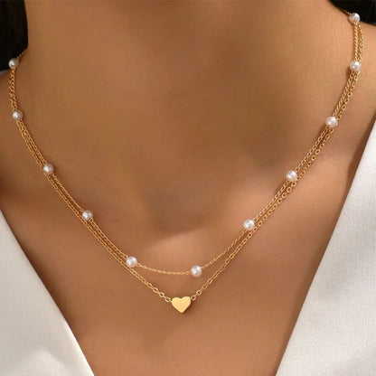 Multilayer Pearl Cross & Heart Pendant Necklace