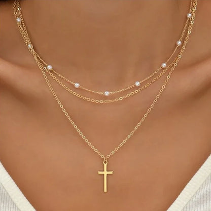 Multilayer Pearl Cross & Heart Pendant Necklace