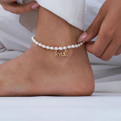 Custom Pearl Name Anklet in 18K Gold-Plated Stainless Steel