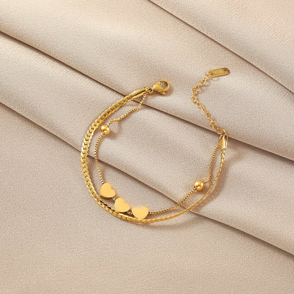 Romantic Gold Heart Stainless Steel Bracelet – Layered Snake Chain for Women