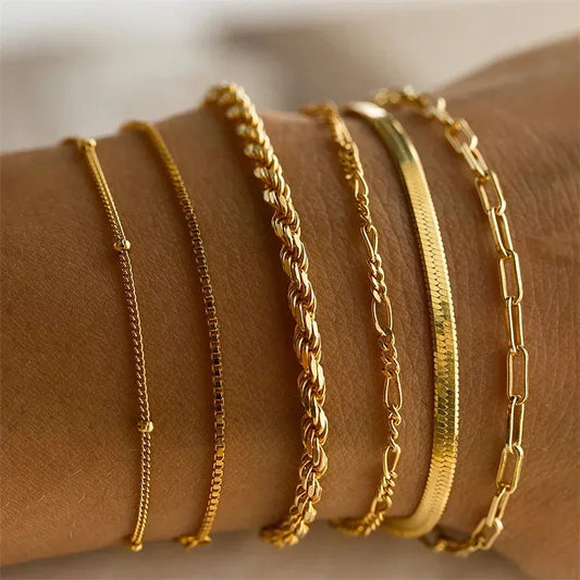 Retro Multilayer Gold Chain Bracelet Set – Geometric Bohemian Style for Women