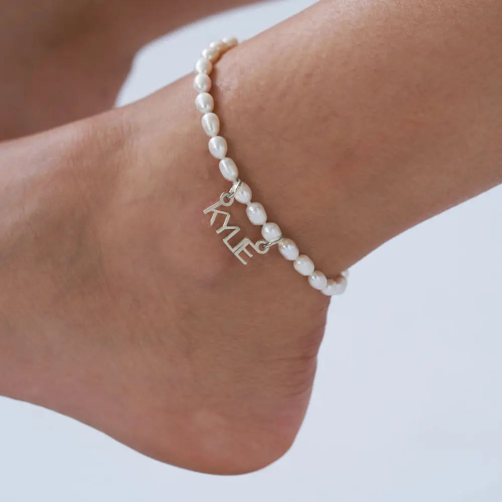 Custom Pearl Name Anklet in 18K Gold-Plated Stainless Steel