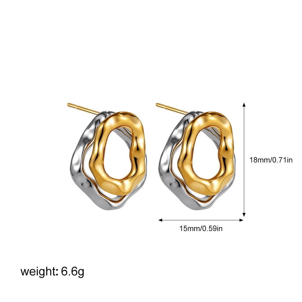 Geometric Gold & Silver Bilayer Stud Earrings – Irregular Metal Texture for Women