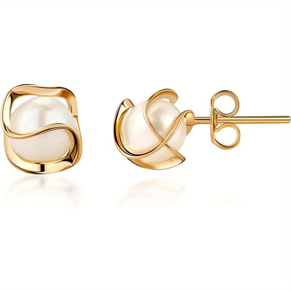 Timeless 18K Gold Plated Cage Earrings – Elegant Simulated Pearl Studs for Women