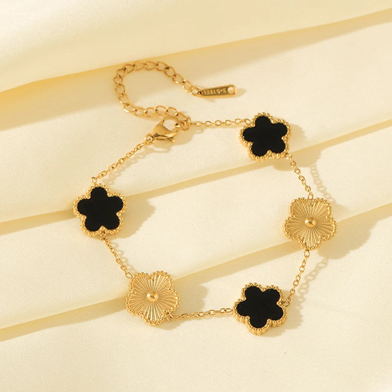 Elegant Stainless Steel Clover Bracelet – Gold Color Flower Charm Wrist Chain