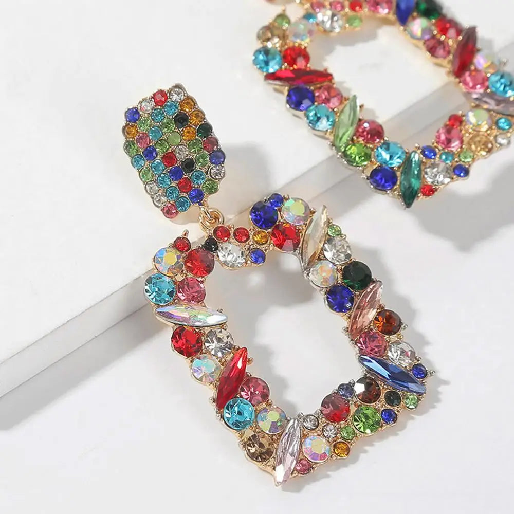 Elegant Geometric Rhinestone Drop Earrings – Multi-Color Luxury Statement Jewelry for Women