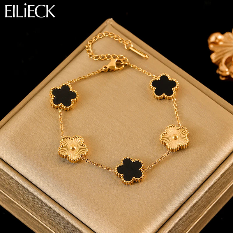 Elegant Stainless Steel Clover Bracelet – Gold Color Flower Charm Wrist Chain