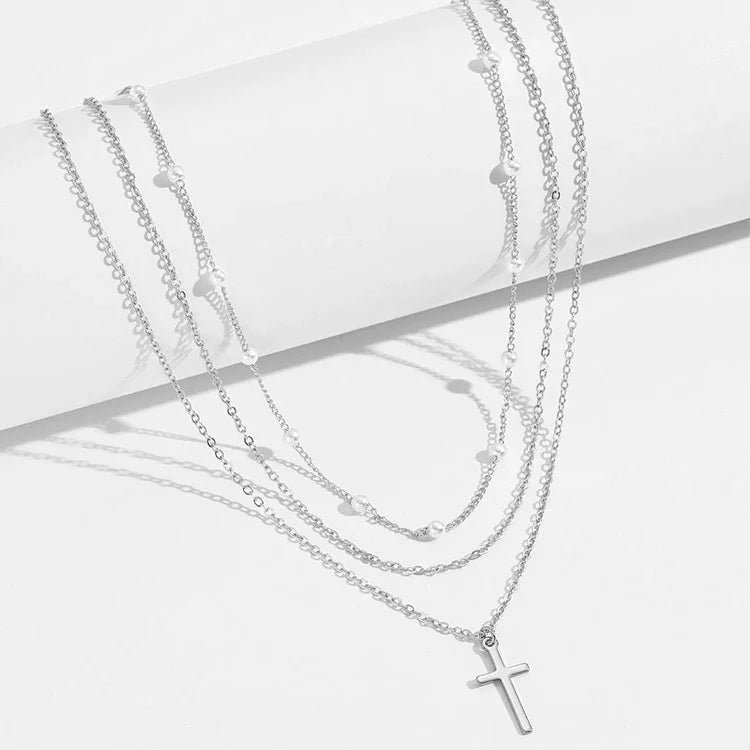 Multilayer Pearl Cross & Heart Pendant Necklace