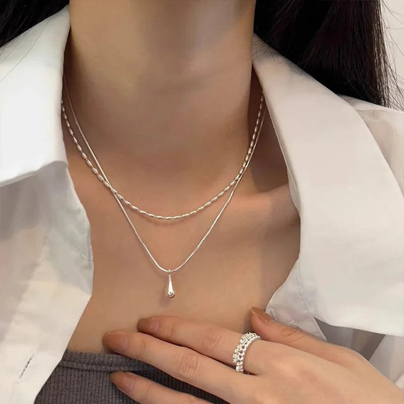 New 925 Sterling Silver Double Layer Necklace Exquisite Geometric Shape Pendant Choker Birthday Party Gift Women's Fine Jewelry