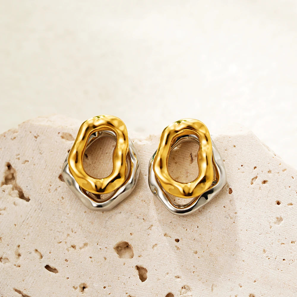 Geometric Gold & Silver Bilayer Stud Earrings – Irregular Metal Texture for Women