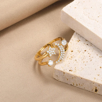 Zircon Star & Moon Adjustable Ring