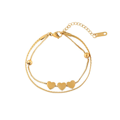 Romantic Gold Heart Stainless Steel Bracelet – Layered Snake Chain for Women