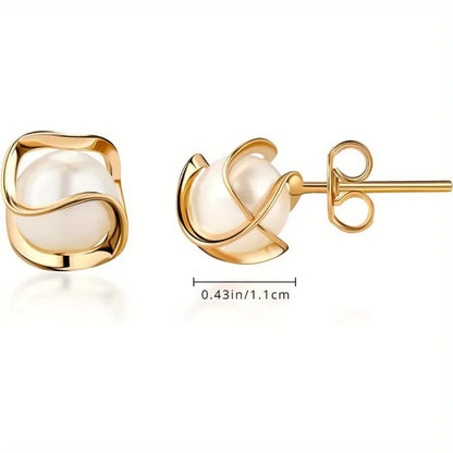 Timeless 18K Gold Plated Cage Earrings – Elegant Simulated Pearl Studs for Women