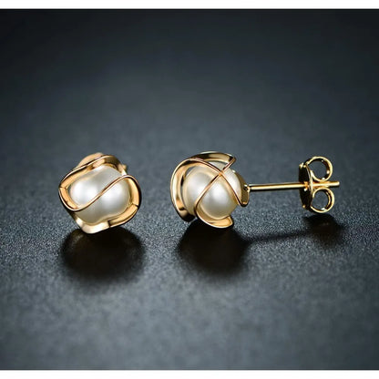 Timeless 18K Gold Plated Cage Earrings – Elegant Simulated Pearl Studs for Women