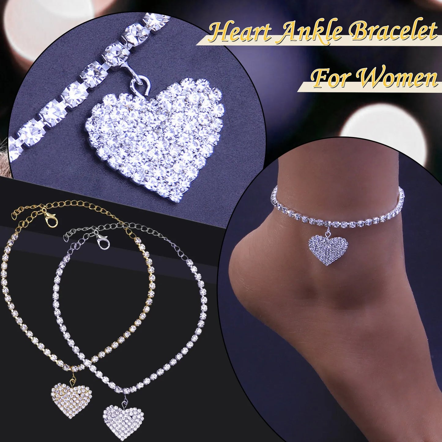 Heart Shaped Rhinestone Anklet for Women