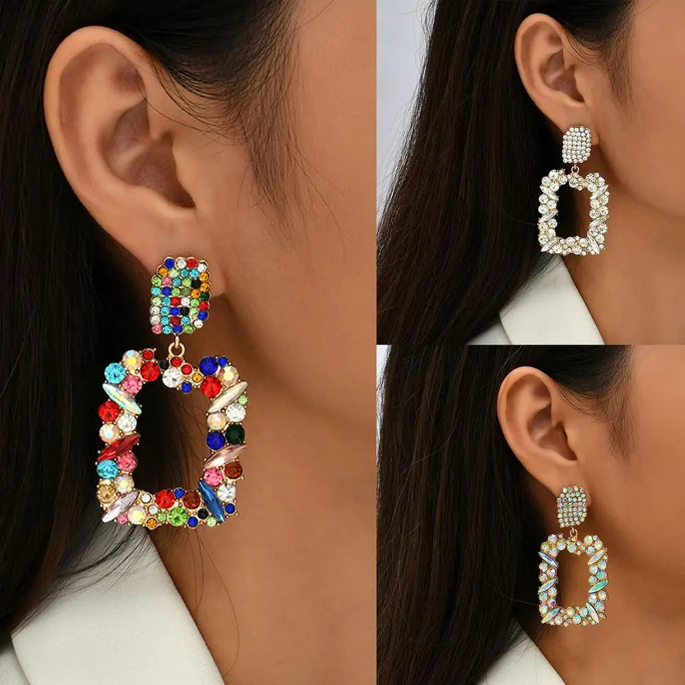 Elegant Geometric Rhinestone Drop Earrings – Multi-Color Luxury Statement Jewelry for Women