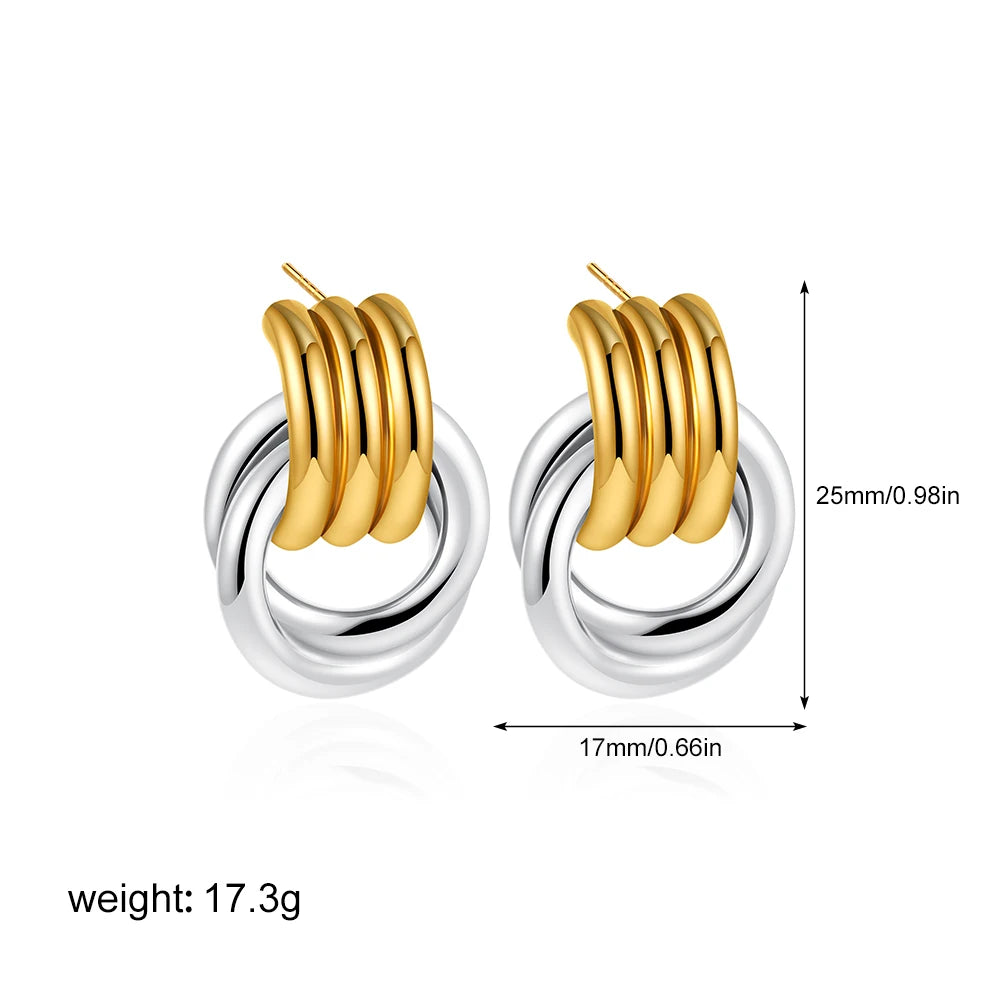 Geometric Gold & Silver Bilayer Stud Earrings – Irregular Metal Texture for Women