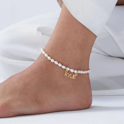 Custom Pearl Name Anklet in 18K Gold-Plated Stainless Steel