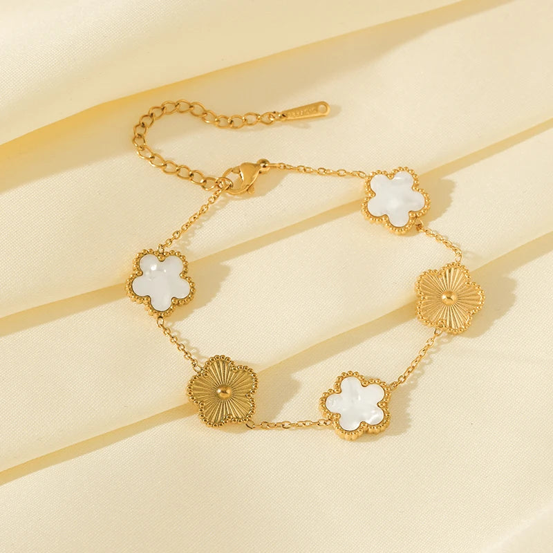 Elegant Stainless Steel Clover Bracelet – Gold Color Flower Charm Wrist Chain