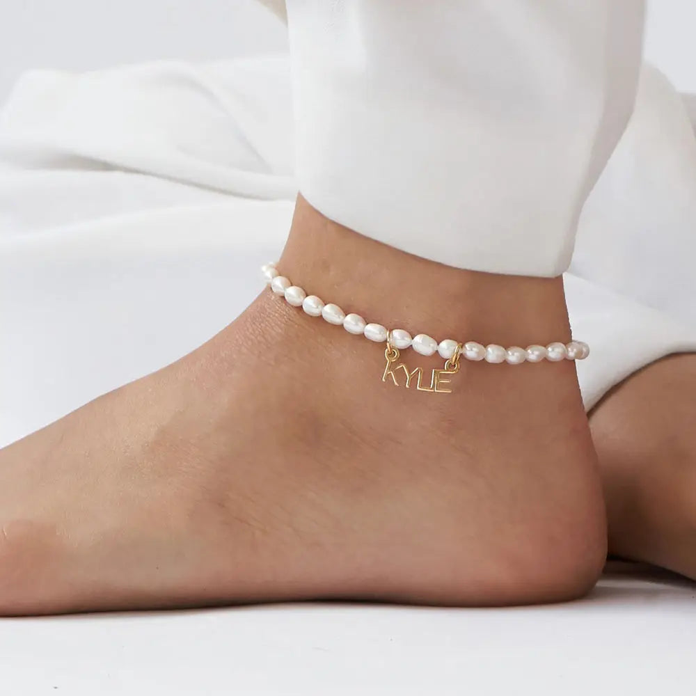 Custom Pearl Name Anklet in 18K Gold-Plated Stainless Steel